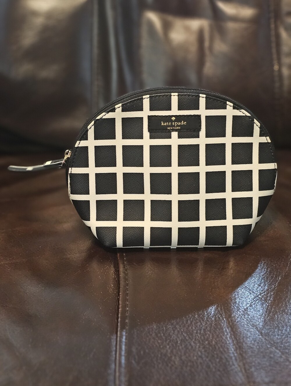 Kate Spade Millie Grove Pop Art Black & White Check Leather Cosmestic Pouch EUC